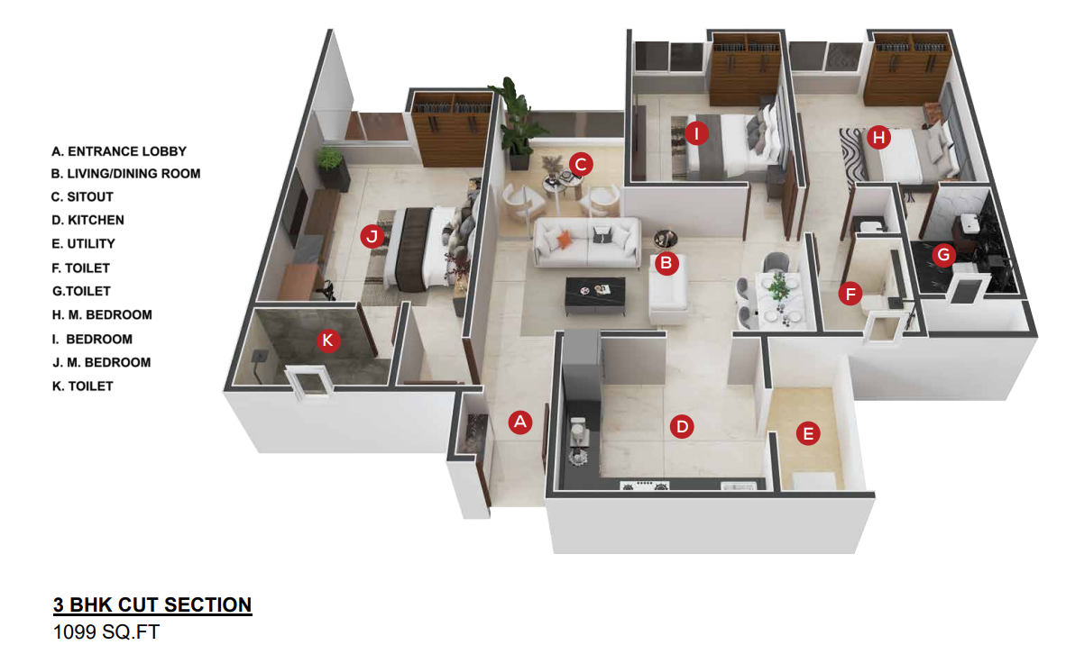 3 BHK cut section plan